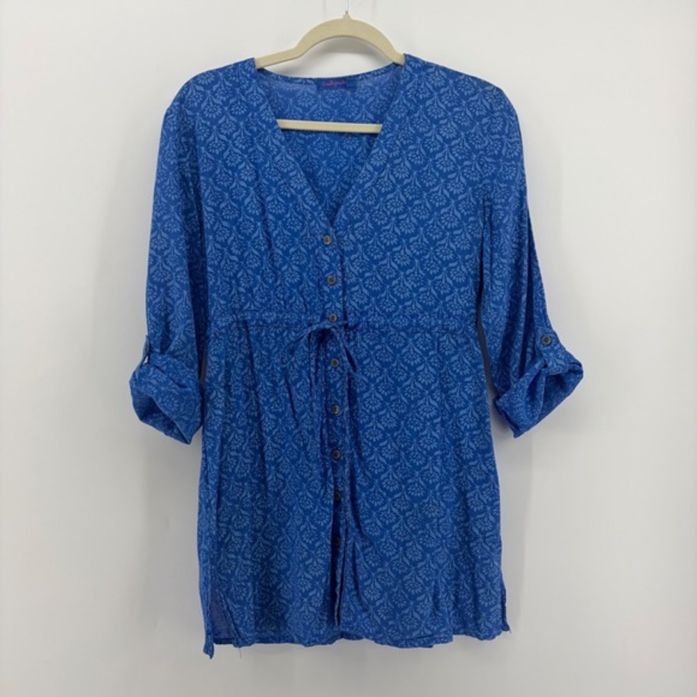 Fresh Produce Blue Floral Print Tunic BlouseButton Front Drawstring Waist XS/S